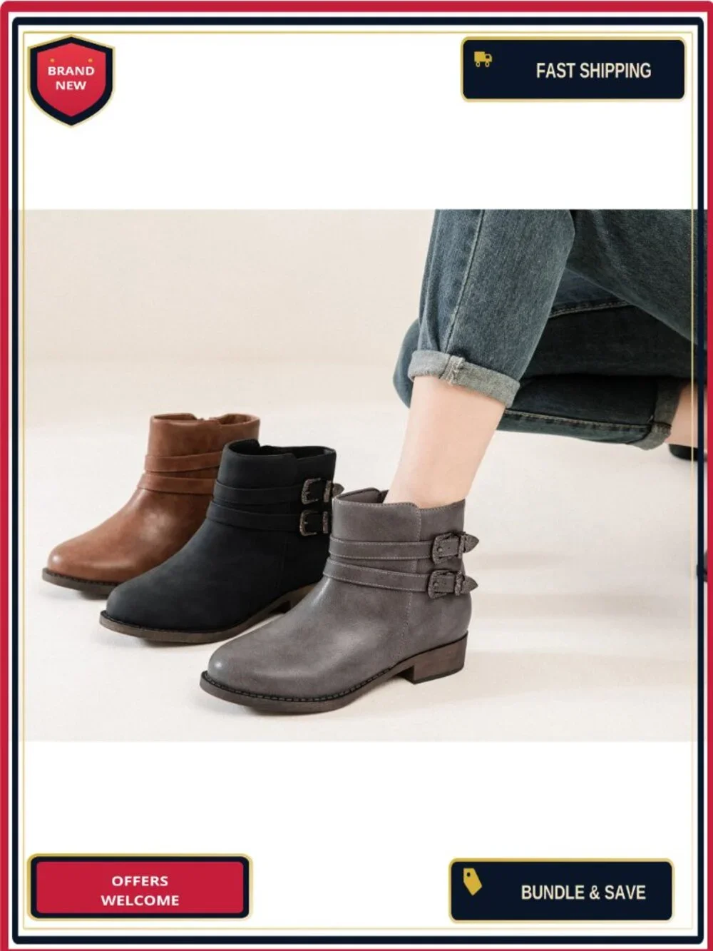 Veittes Women's Low Heel Ankle Boots Side Zipper Ankle Booties Faux Leather